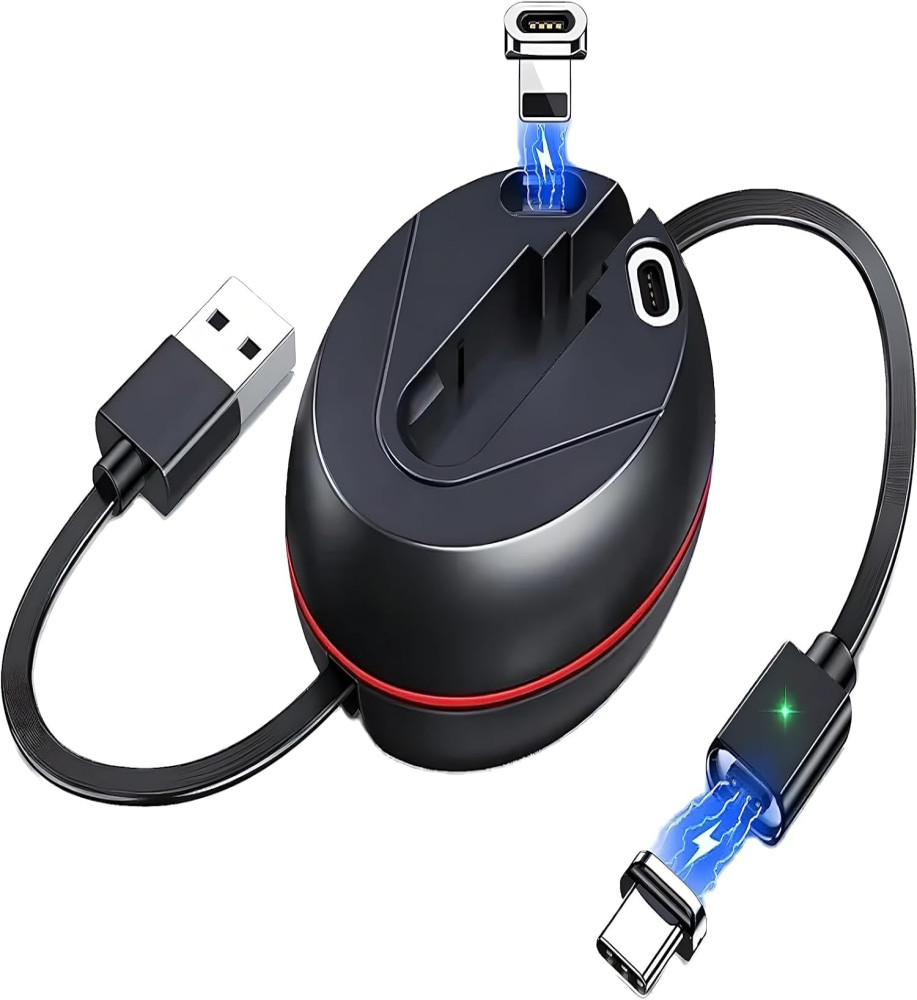  TERRIFI USB Charger Cable, 3 in 1 Retractable Magnetic Charging Cable, 3ft Multi Charging Cable for Travel, Compatible with USB Type C, Micro USB and iPhone Devices 