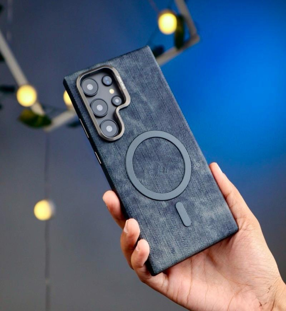  Luxury denim case with a metal frame to protect the lenses, suede lining, and MagSafe/wireless charging support compatible with Samsung S25 Ultra 