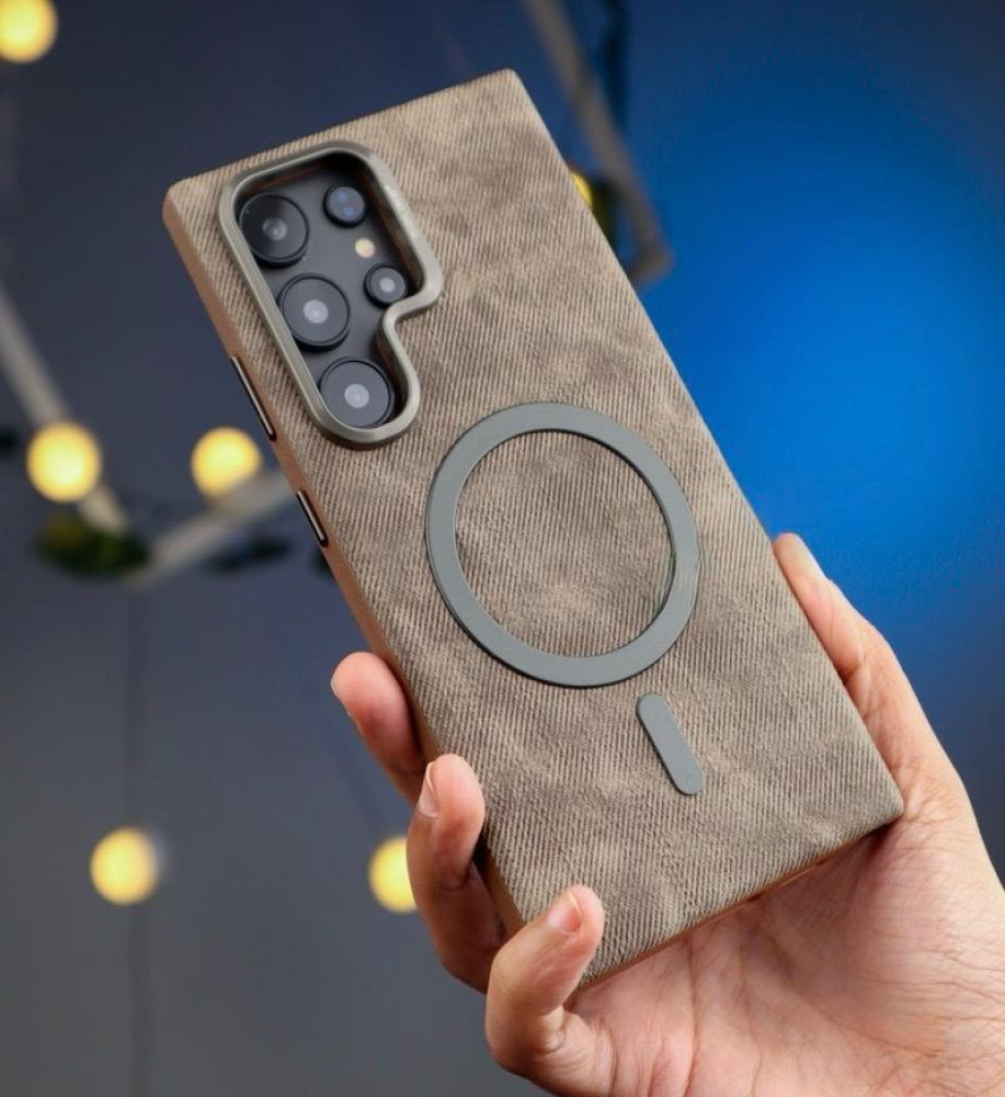  Luxury denim case with a metal frame to protect the lenses, suede lining, and MagSafe/wireless charging support compatible with Samsung S24 Ultra 