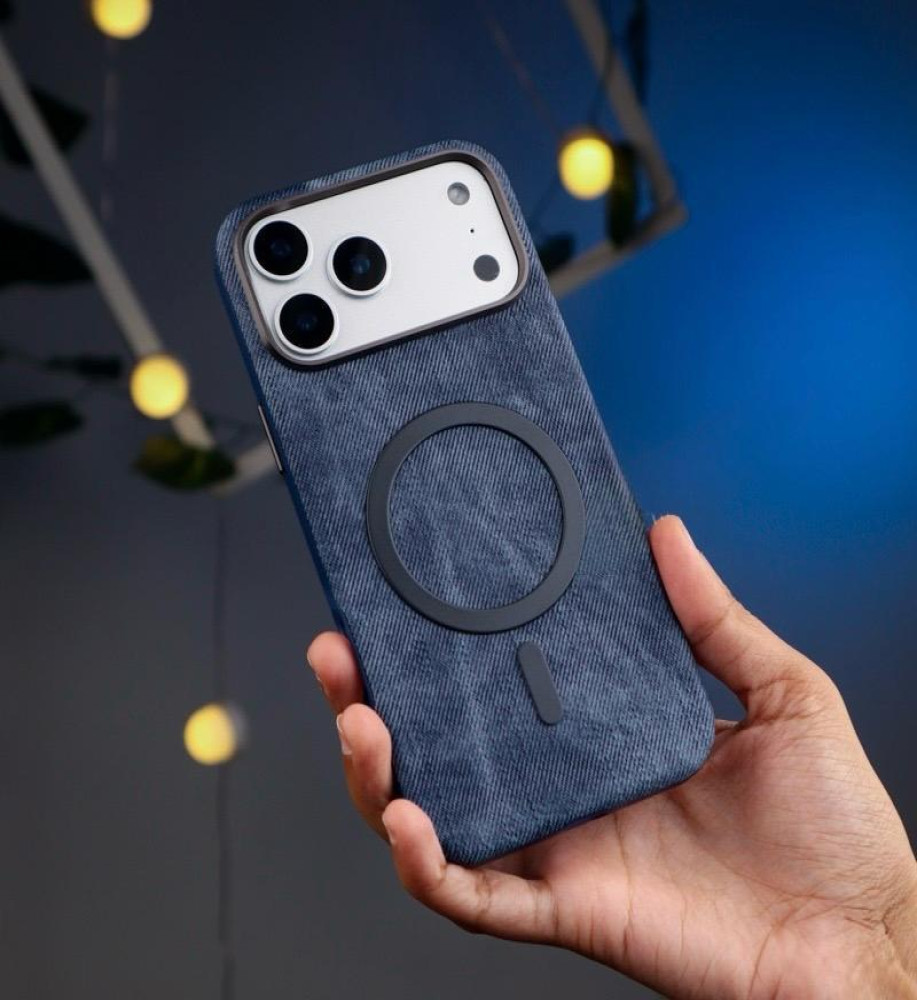  Luxury denim case with a metal frame to protect the lenses, suede lining, and MagSafe/wireless charging support compatible with iPhone 17 Pro 