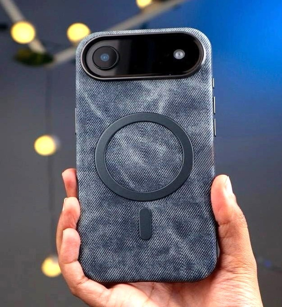 Luxury denim case with a metal frame to protect the lenses, suede lining, and MagSafe/wireless charging support compatible with iPhone 17 Air 