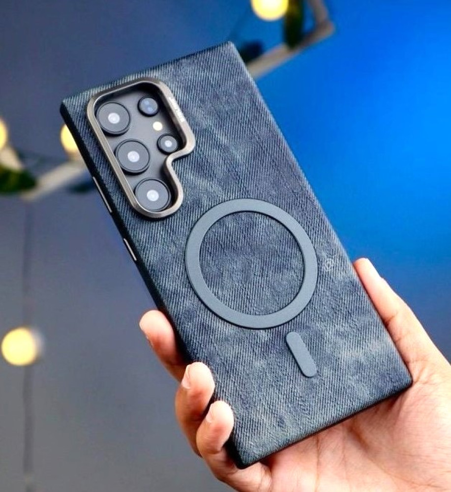  Luxury denim case with a metal frame to protect the lenses, suede lining, and MagSafe/wireless charging support compatible with Samsung S25 Ultra 
