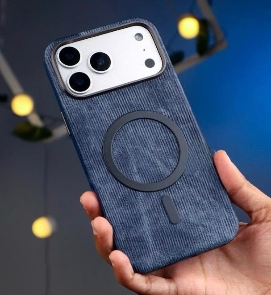  Luxury denim case with a metal frame to protect the lenses, suede lining, and MagSafe/wireless charging support compatible with iPhone 17 Pro Max 