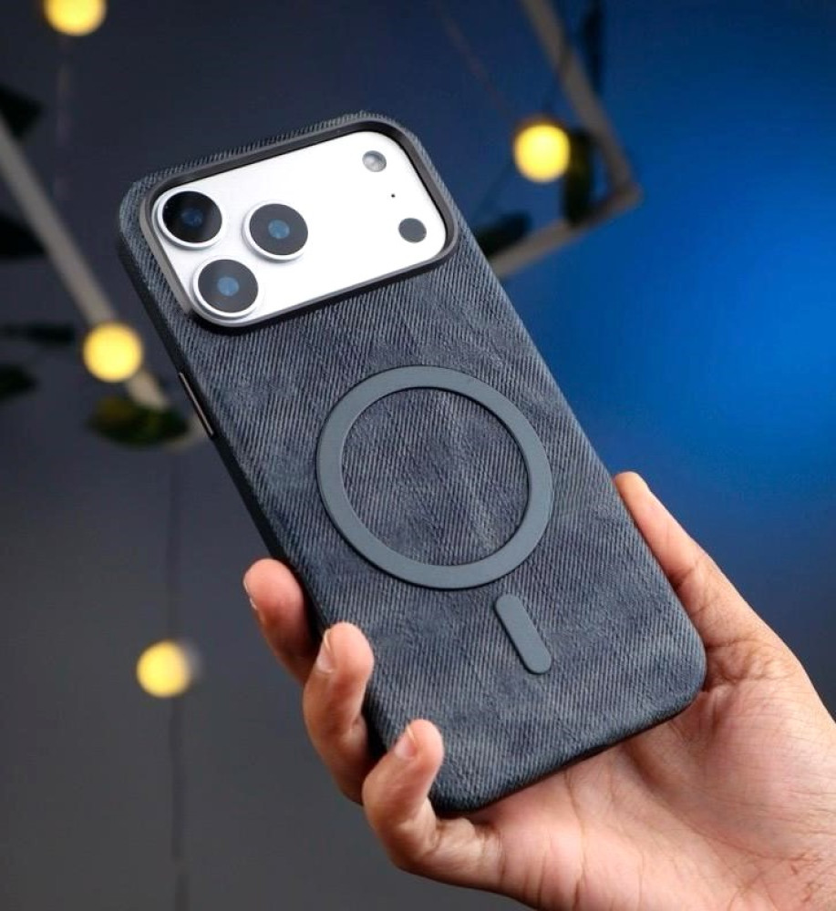  Luxury denim case with a metal frame to protect the lenses, suede lining, and MagSafe/wireless charging support compatible with iPhone 17 Pro 