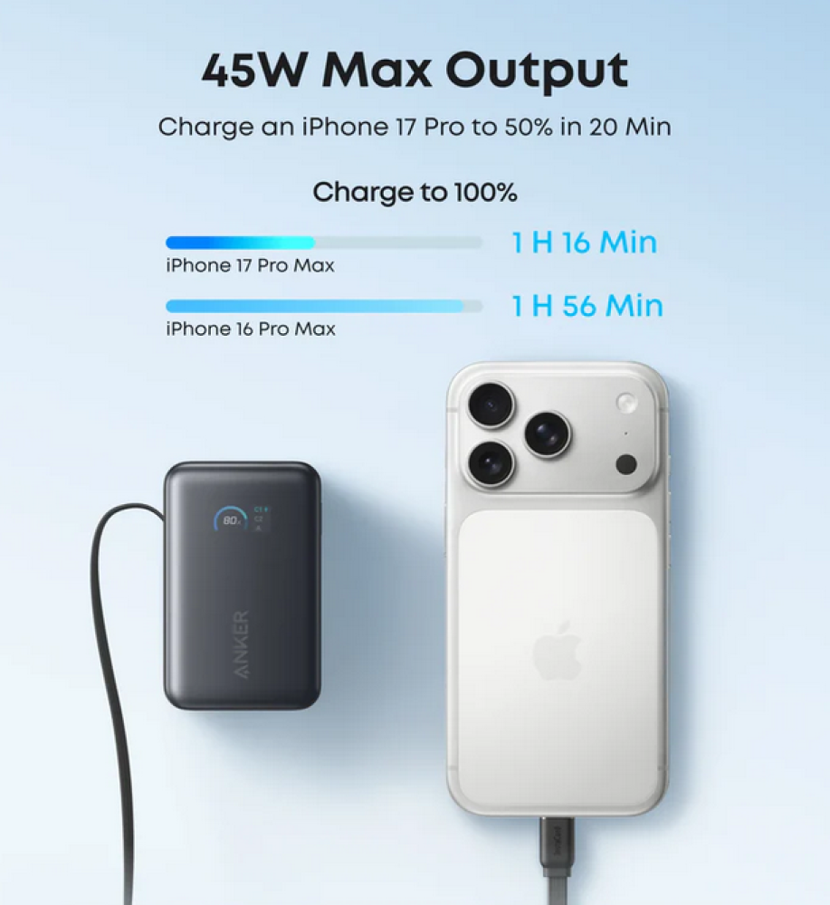  Anker Nano Power Bank 10000mAh 45W with Built-in Retractable USB-C Cable A1638P11 