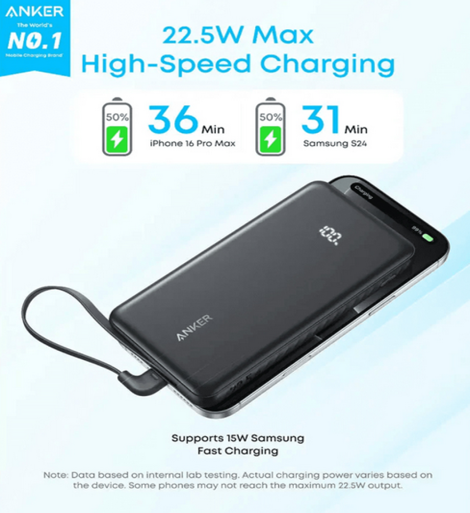  Anker Zolo 10000mAh Power Bank, with built-in USB-C cable, 22.5W 