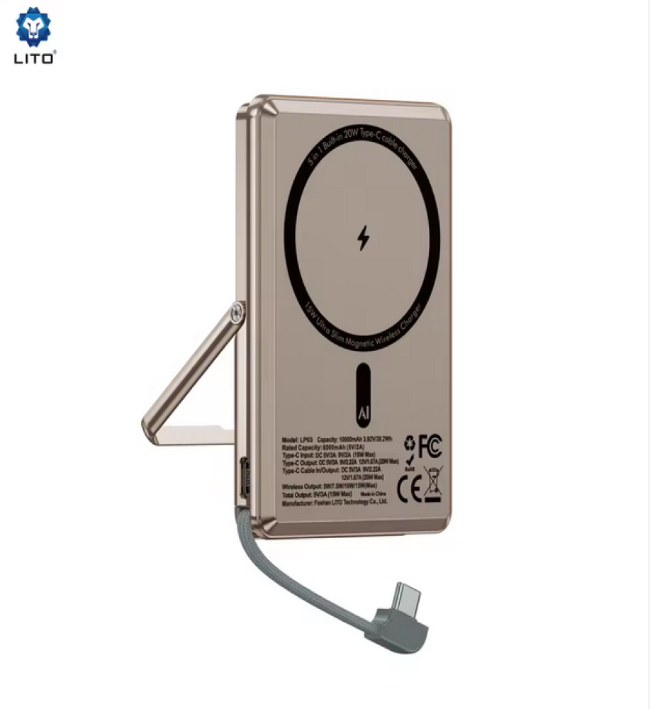  ليتو LP03  باور بانك مغناطيسي  بسعة 5000 مللي أمبير، يدعم شحن لاسلكي/مغناطيسي بسرعة 15واط، تصميم 5-in-1 عملي وصغير — حل مثالي لشحن سريع ومريح أثناء التنقل. 