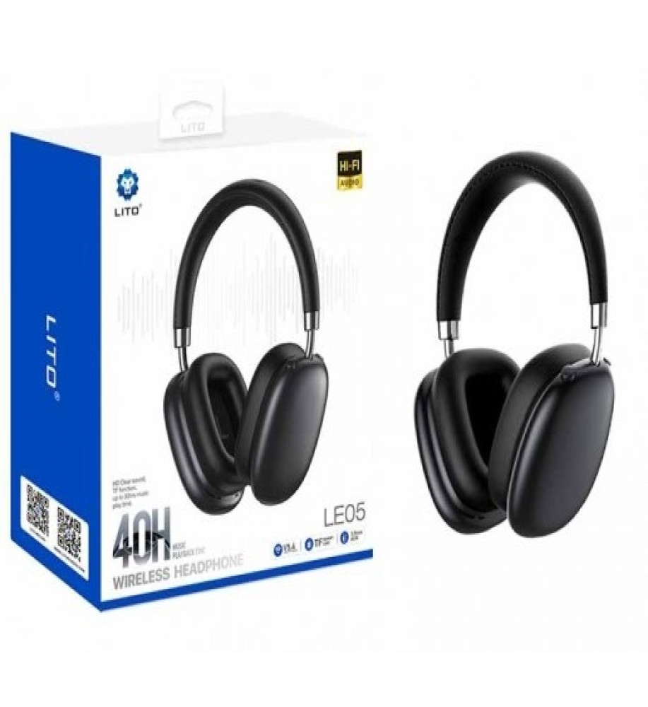  ليتو LE05 — هيدفون Over-Ear بصوت Hi-Fi، 3 طرق تشغيل (بلوتوث + كابل AUX  + كارت ميموري)، بطارية 400 مللي أمبير حتى 30 ساعة، شحن تايب سي، قابلة للطي 