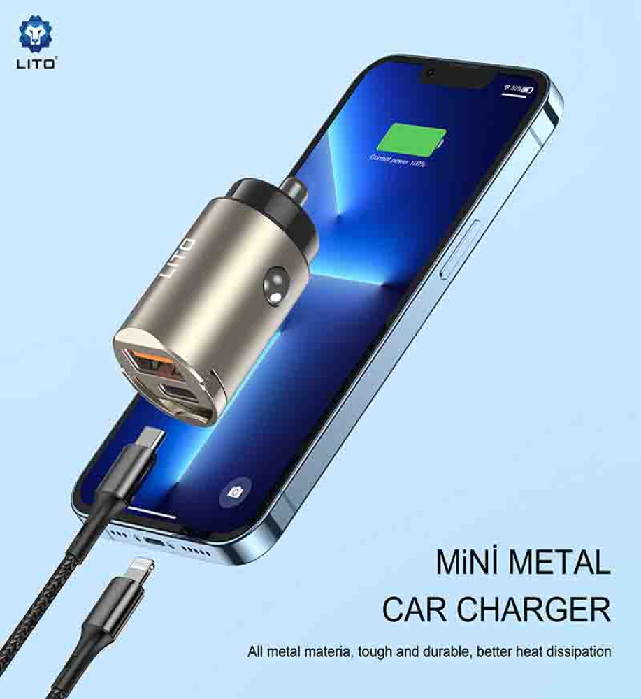  Lito IN-C03 Compact 60W Metal Car Charger Head – (30W Type-C + 30W USB-A) – Suitable for all 12–24V cars 