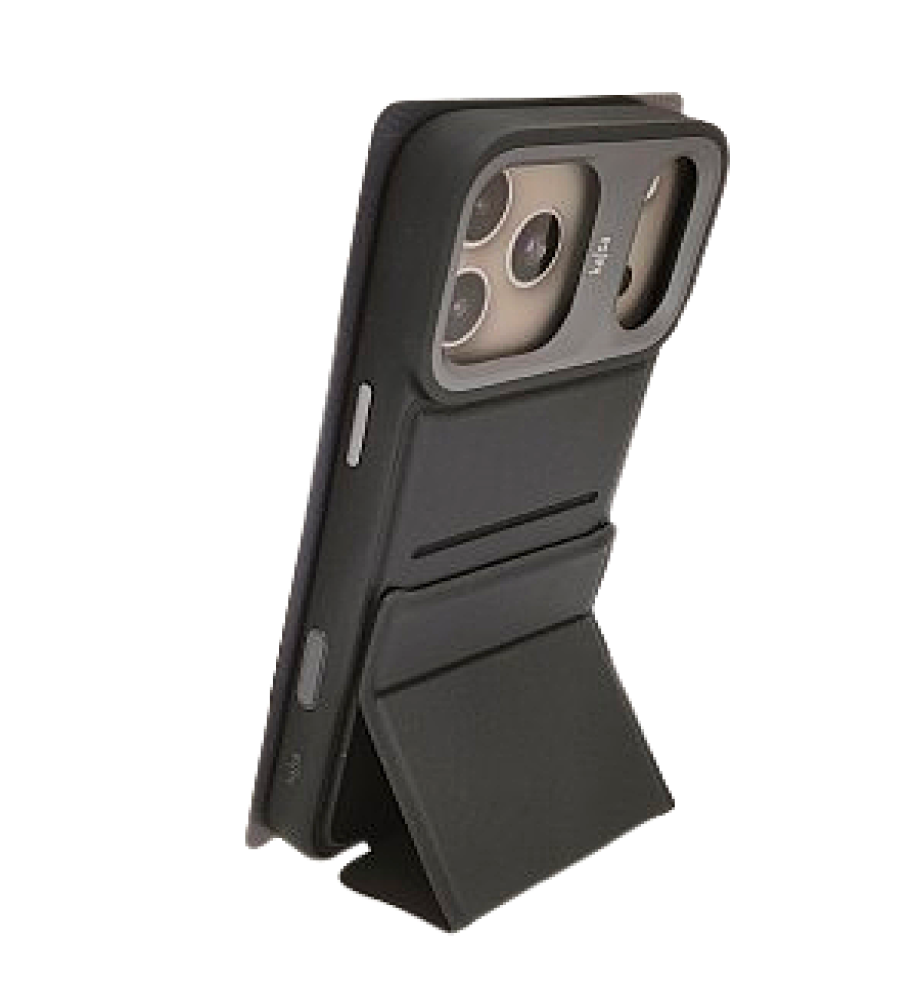  This iPhone case features a triangular folding design that doubles as a stand, a hidden card pocket inside the case, durable shock-resistant materials, and a raised camera bump for added protection and a stylish look for the iPhone 17 Pro Max. 
