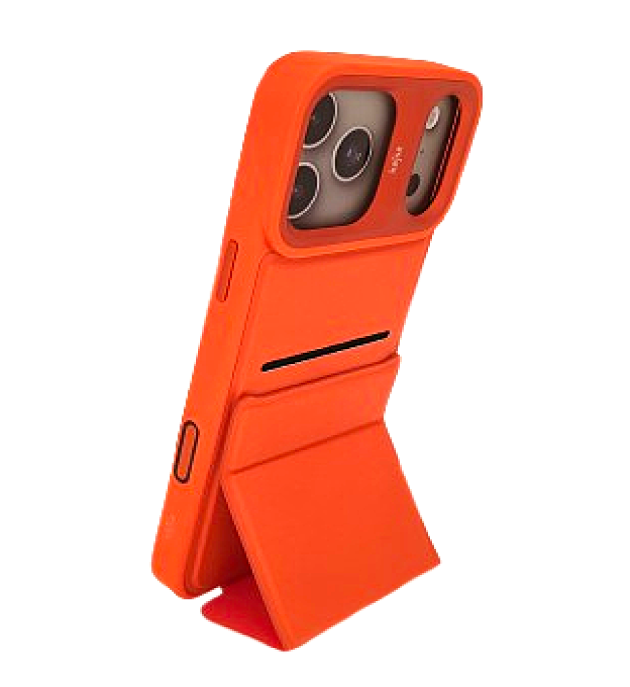  This iPhone case features a triangular folding design that doubles as a stand, a hidden card pocket inside the case, durable shock-resistant materials, and a raised camera bump for added protection and a stylish look for the iPhone 17 Pro Max. 