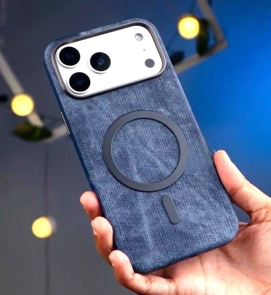  iPhone 17 Pro Max Luxury denim case with a metal frame to protect the lenses, suede lining, and MagSafe/wireless charging support 