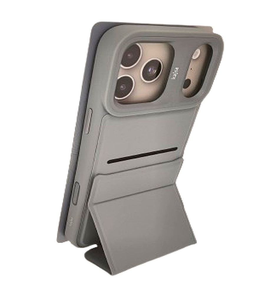  iPhone 17 Pro Max case features a foldable triangular design that allows it to be used as a stable stand, a hidden pocket inside the case for storing cards, strong shock-resistant materials, and a raised camera box for protection and an attractive design touch. 