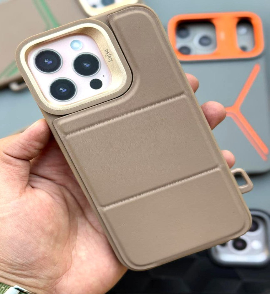  The iPhone 16 Pro Max case features a foldable triangular design that allows it to be used as a stable stand, a hidden pocket inside the case for storing cards, strong shock-resistant materials, and a raised camera box for protection and an attractive design touch. 