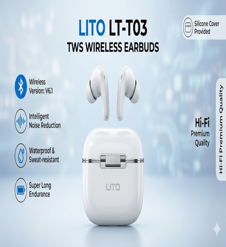  Original LITO LT-T03 AirPods - Bluetooth V6.1 version with noise reduction technology and sweat-resistant ergonomic design 