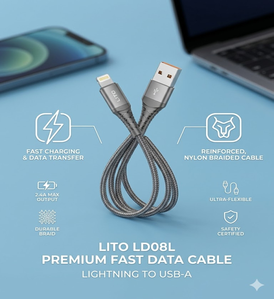  LITO LD08L Lightning Charging and Data Transfer Cable (USB to Lightning) - Ultra Durable Braided Fabric 2.4A - Dark Gray 