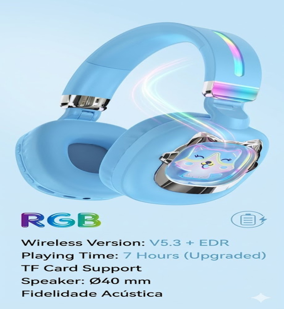  Disney Headphones / Wireless Light-Up Headphones ST863C for Kids and Teens – Cute Cat Design with RGB Lighting and HD Surround Sound 