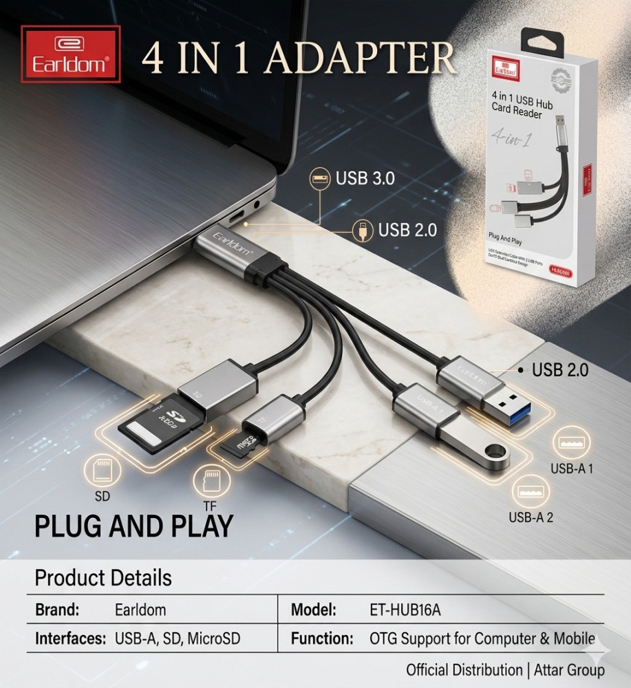  Earldom 4 In 1 USB Hub Card Reader – وصلة USB متعددة مع قارئ كارت SD وTF لنقل البيانات بسرعة عالية 