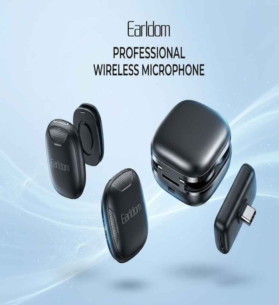  Dual wireless Earldom ET-MC19 microphone with Type-C port, featuring AI noise reduction technology and a 50-meter transmission range. 