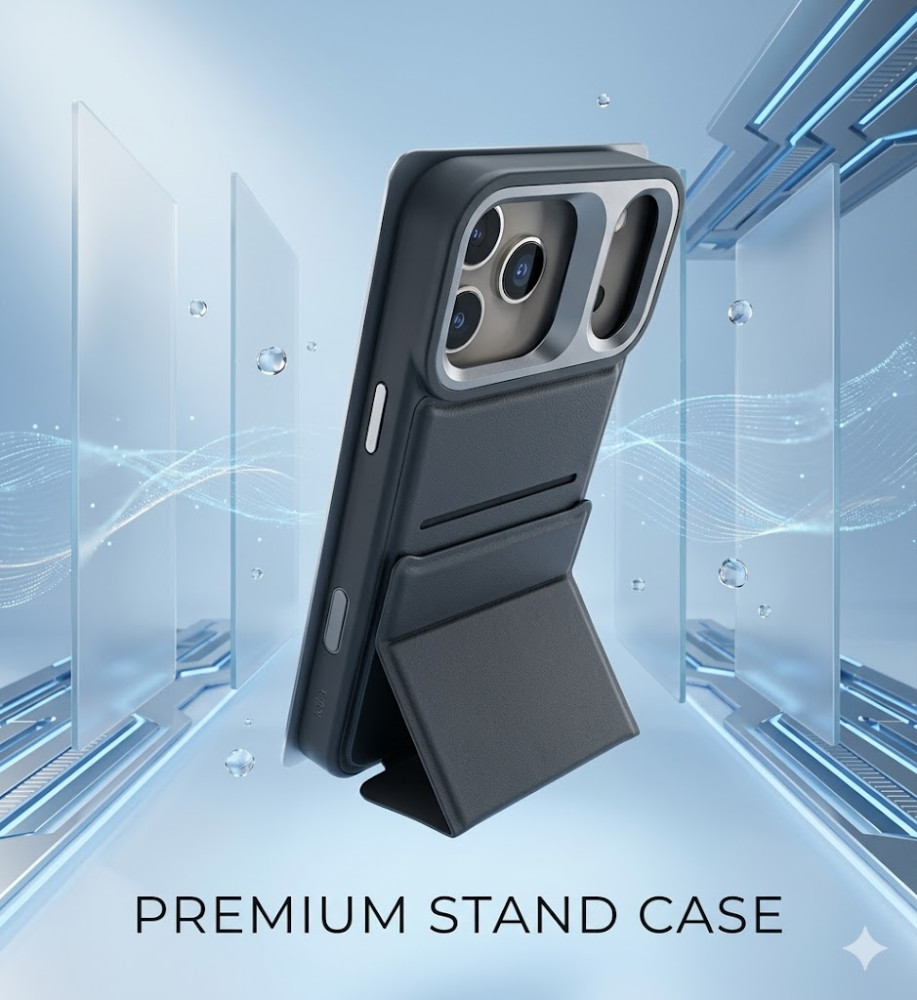  iPhone 17 Pro Max case features a foldable triangular design that allows it to be used as a stable stand, a hidden pocket inside the case for storing cards, strong shock-resistant materials, and a raised camera box for protection and an attractive design touch. 