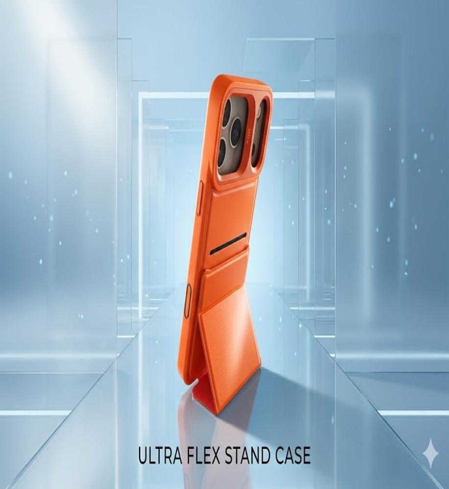  iPhone 17 Pro Max case features a foldable triangular design that allows it to be used as a stable stand, a hidden pocket inside the case for storing cards, strong shock-resistant materials, and a raised camera box for protection and an attractive design touch. 
