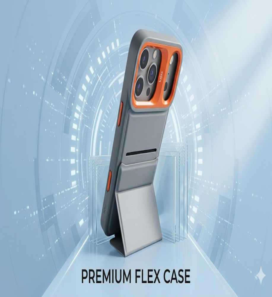  iPhone 17 Pro Max case features a foldable triangular design that allows it to be used as a stable stand, a hidden pocket inside the case for storing cards, strong shock-resistant materials, and a raised camera box for protection and an attractive design touch. 