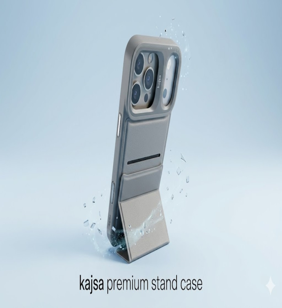  iPhone 17 Pro Max case features a foldable triangular design that allows it to be used as a stable stand, a hidden pocket inside the case for storing cards, strong shock-resistant materials, and a raised camera box for protection and an attractive design touch. 