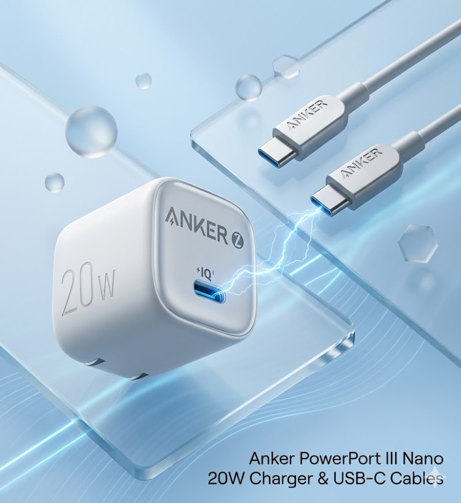  ANKER 20W (IQ) Mini High-Speed ​​Charger + Double-Ended Type-C Cable — Improved Thermal Control, Up to 3x Faster Charging 