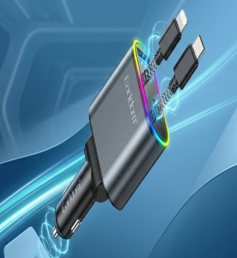  Earldom ES-CC38 Smart Car Charger, 86W, with built-in 80cm retractable cables and a digital voltage display. 