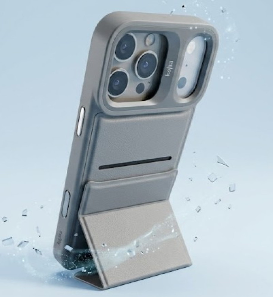  iPhone 17 Pro Max case features a foldable triangular design that allows it to be used as a stable stand, a hidden pocket inside the case for storing cards, strong shock-resistant materials, and a raised camera box for protection and an attractive design touch. 