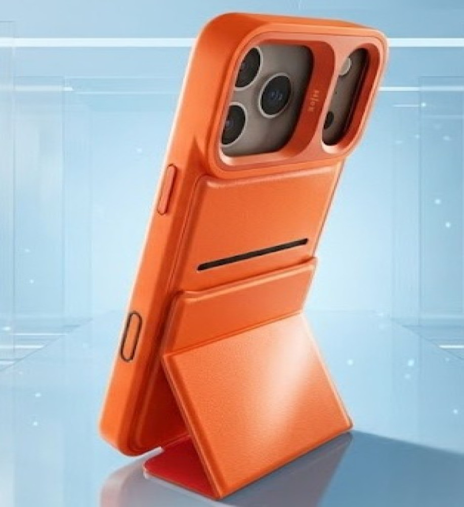  iPhone 17 Pro Max case features a foldable triangular design that allows it to be used as a stable stand, a hidden pocket inside the case for storing cards, strong shock-resistant materials, and a raised camera box for protection and an attractive design touch. 