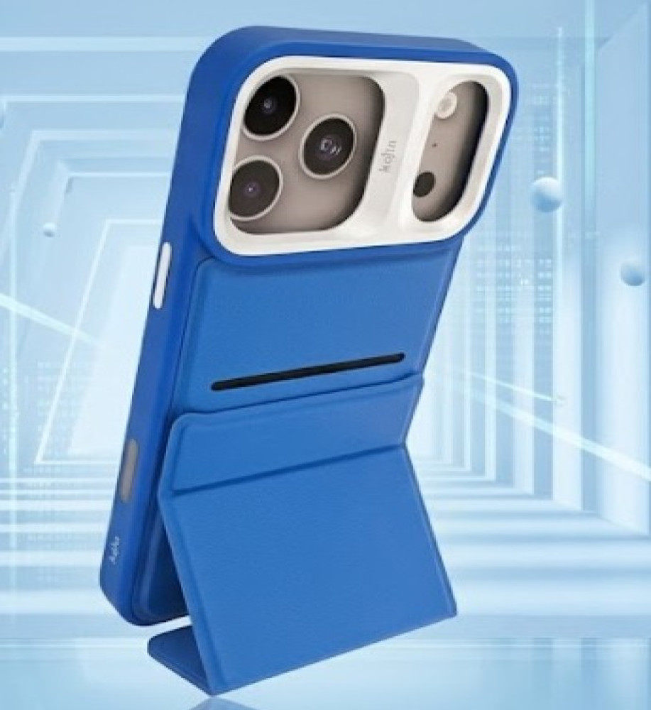  iPhone 17 Pro Max case features a foldable triangular design that allows it to be used as a stable stand, a hidden pocket inside the case for storing cards, strong shock-resistant materials, and a raised camera box for protection and an attractive design touch. 
