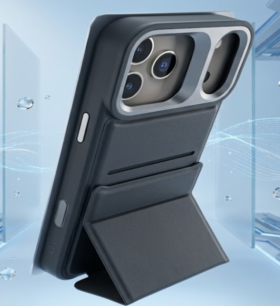  iPhone 17 Pro Max case features a foldable triangular design that allows it to be used as a stable stand, a hidden pocket inside the case for storing cards, strong shock-resistant materials, and a raised camera box for protection and an attractive design touch. 