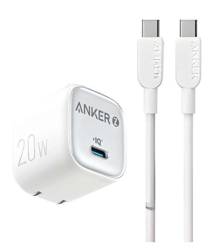  ANKER 20W (IQ) Mini High-Speed ​​Charger + Double-Ended Type-C Cable — Improved Thermal Control, Up to 3x Faster Charging 