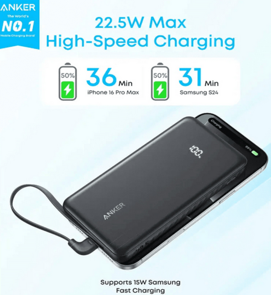  ANKER ZOLO 10000 mAh Power Bank, with built-in USB-C cable, 22.5W 