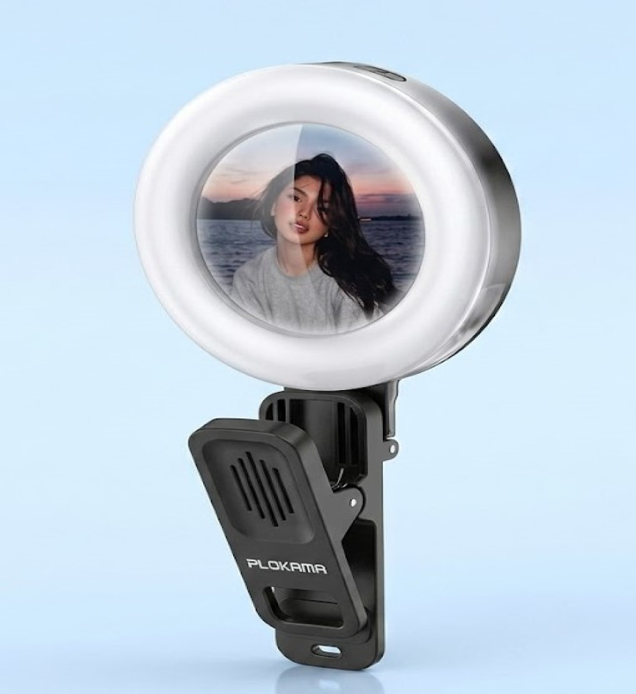  Plokama U20 Circular LED Selfie Light for smartphones, featuring a built-in convex mirror and 3 lighting modes. 
