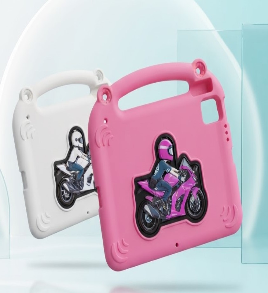  Premium silicone iPad protective case for kids in distinctive colors with a top handle and a 3D cartoon rear stand (Motorcycle) 
