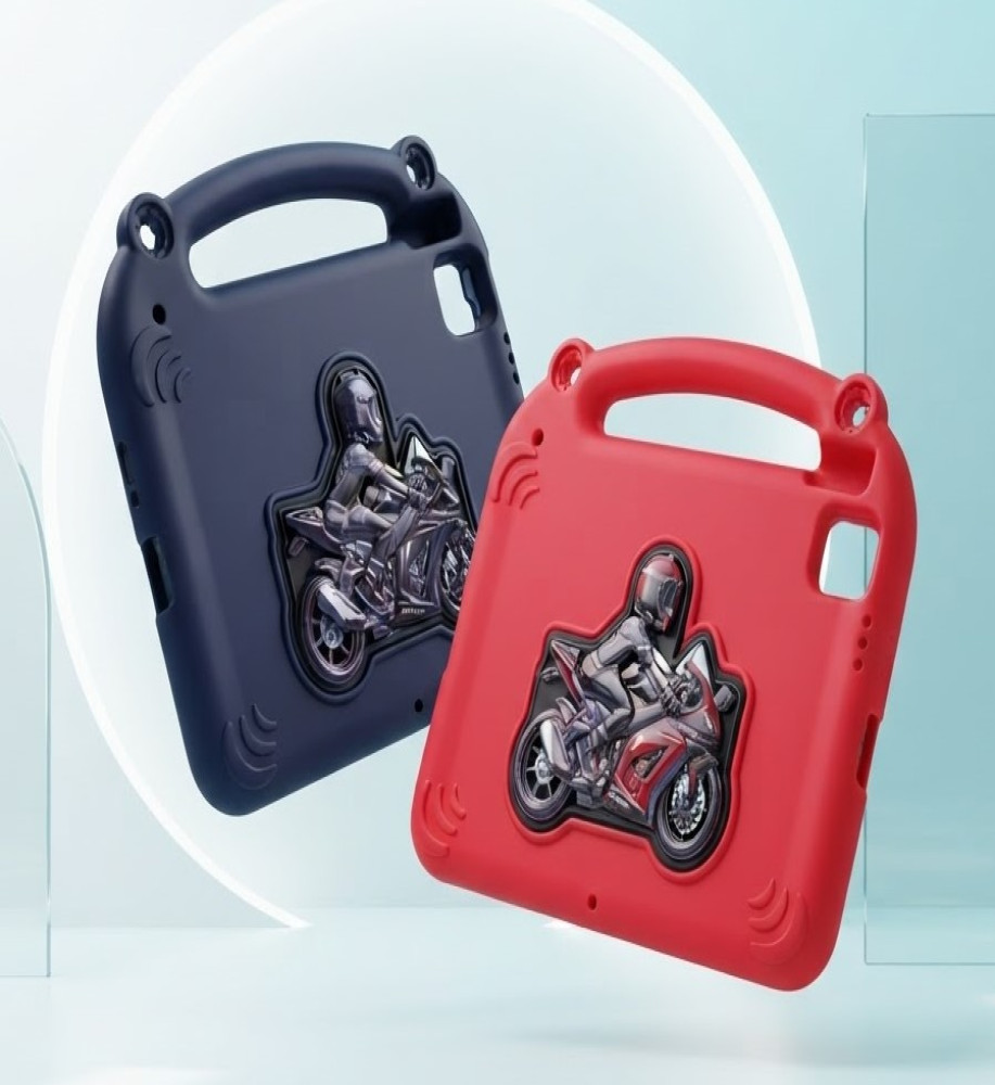  Premium silicone iPad protective case for kids in distinctive colors with a top handle and a 3D cartoon rear stand (Motorcycle) 