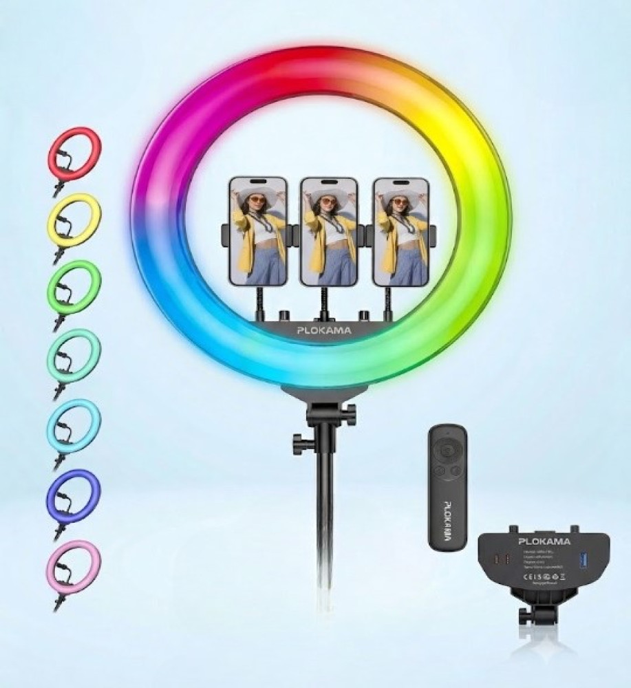  *Professional Giant RGB Colorful 56cm (22 inch) Ring Light with 80W Power, Remote Control, and 2 USB Ports for Charging Phones from Plokama (Model LIVE-R56 Pro)* 