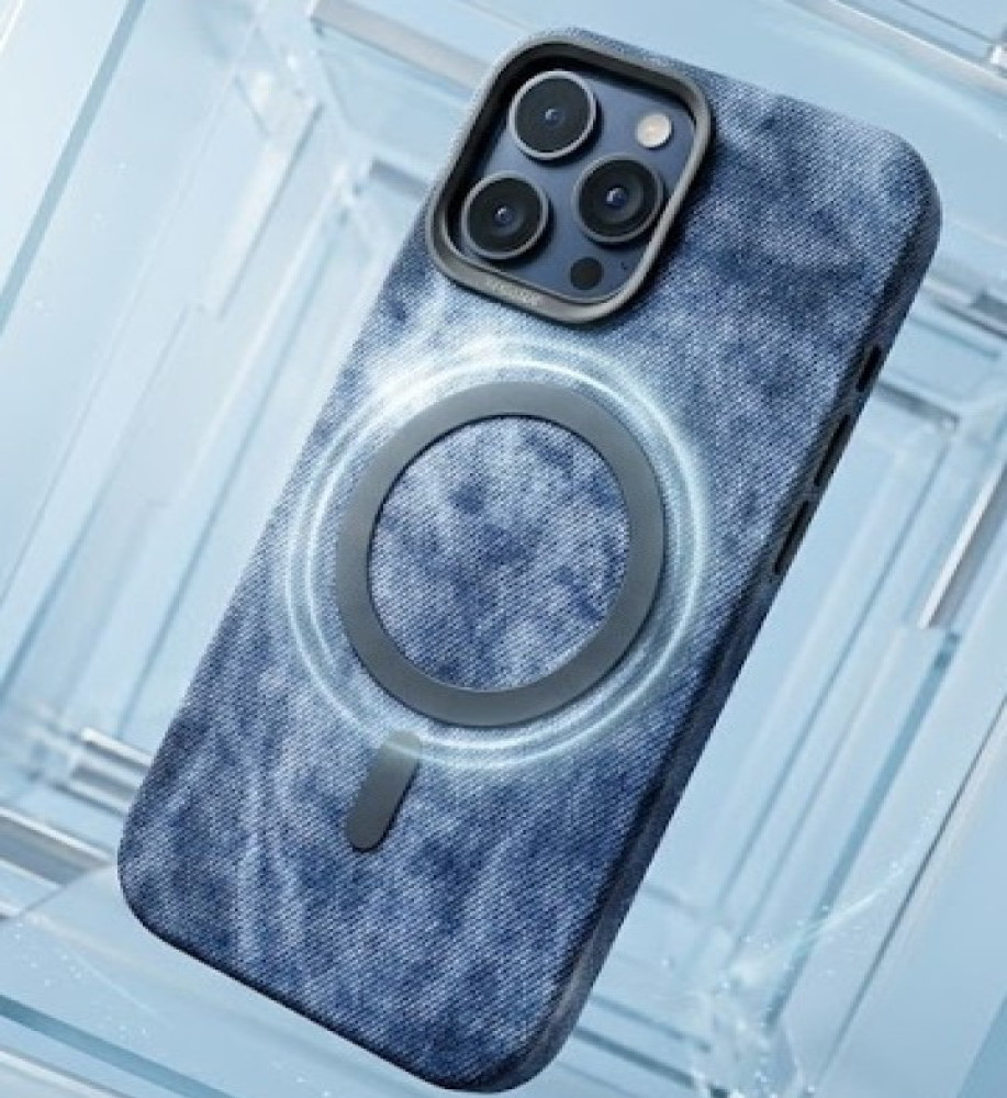  Luxury denim iPhone 15 case with a metal frame to protect the lenses, suede lining, and MagSafe/wireless charging support. 