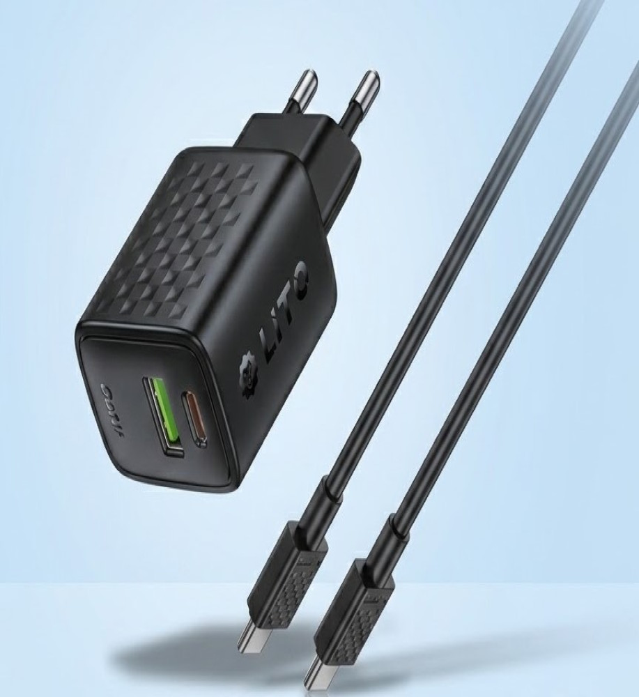  *20W Fast GaN Charger Head with Dual Ports PD + QC3.0 + 1 Meter Type-C to Type-C Cable from LITO (Model LC15T)* 