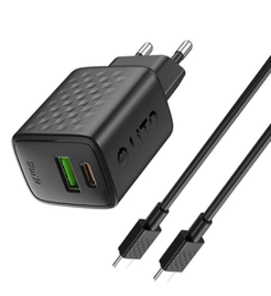  LITO LC15T 20W GaN Dual-Port USB-C PD + USB-A Wall Charger with 1m USB-C to USB-C Cable 