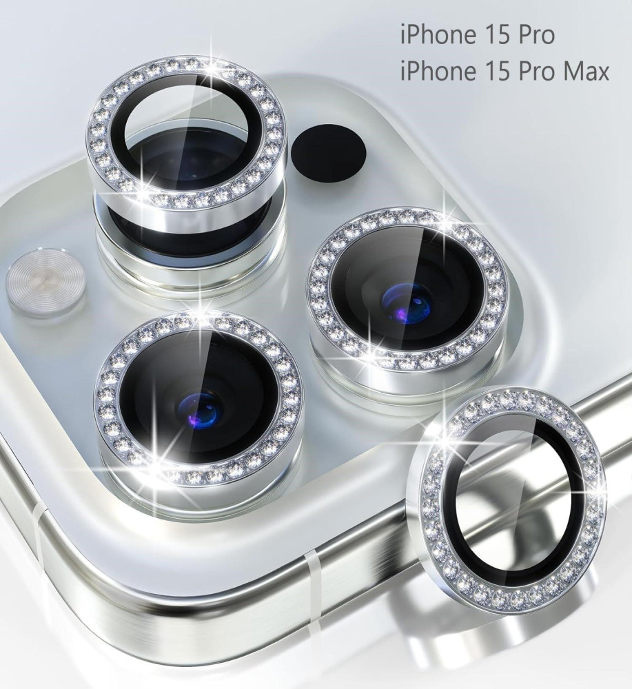  LITO S+ Diamond Rhinestone Individual Ring Camera Lens Protector for iPhone 15 Pro / 15 Pro Max - Silver 