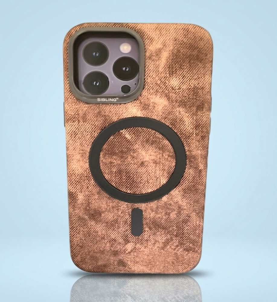  Luxury denim iPhone 13 case with metal frame for lens protection, suede lining, and MagSafe/wireless charging support. 