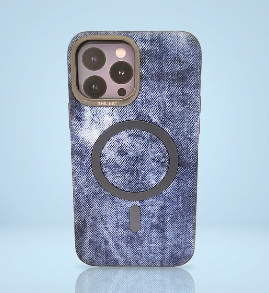  Luxury denim iPhone 16 Pro Max case with metal frame for lens protection, suede lining, and MagSafe/wireless charging support. 