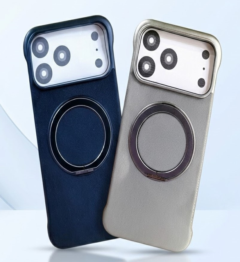  iPhone 18 Pro Max case with a leather-like texture, a 90-degree rotating ring, and a stand. 