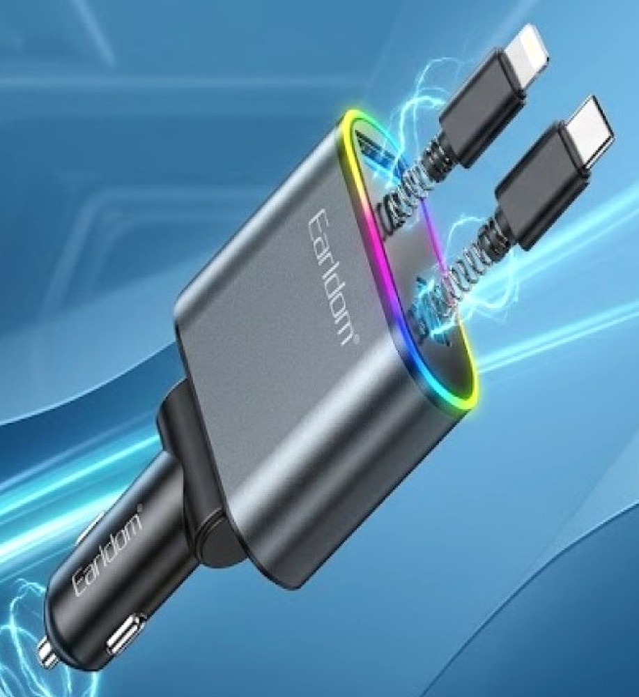  Earldom ES-CC38 Smart Car Charger, 86W, with built-in 80cm retractable cables and a digital voltage display. 