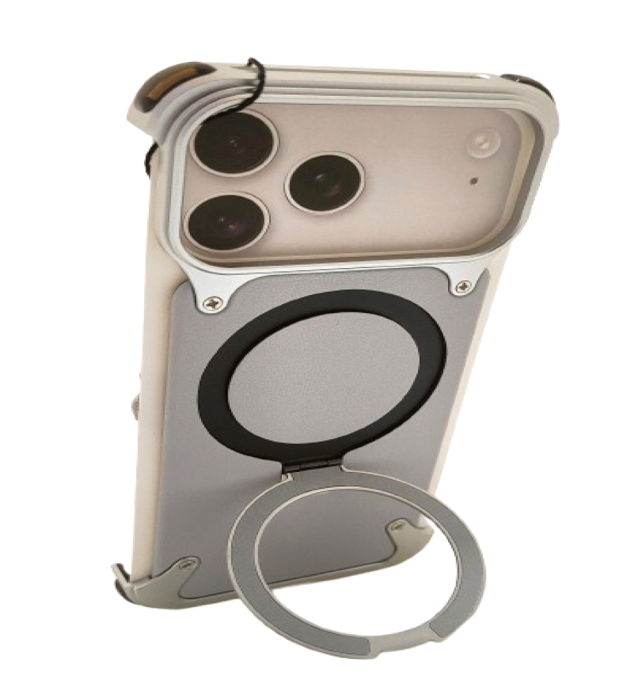  iPhone 18 Pro Max case with a frameless side design, featuring a metal ring that doubles as a holder and stand; elegant, minimalist style. 