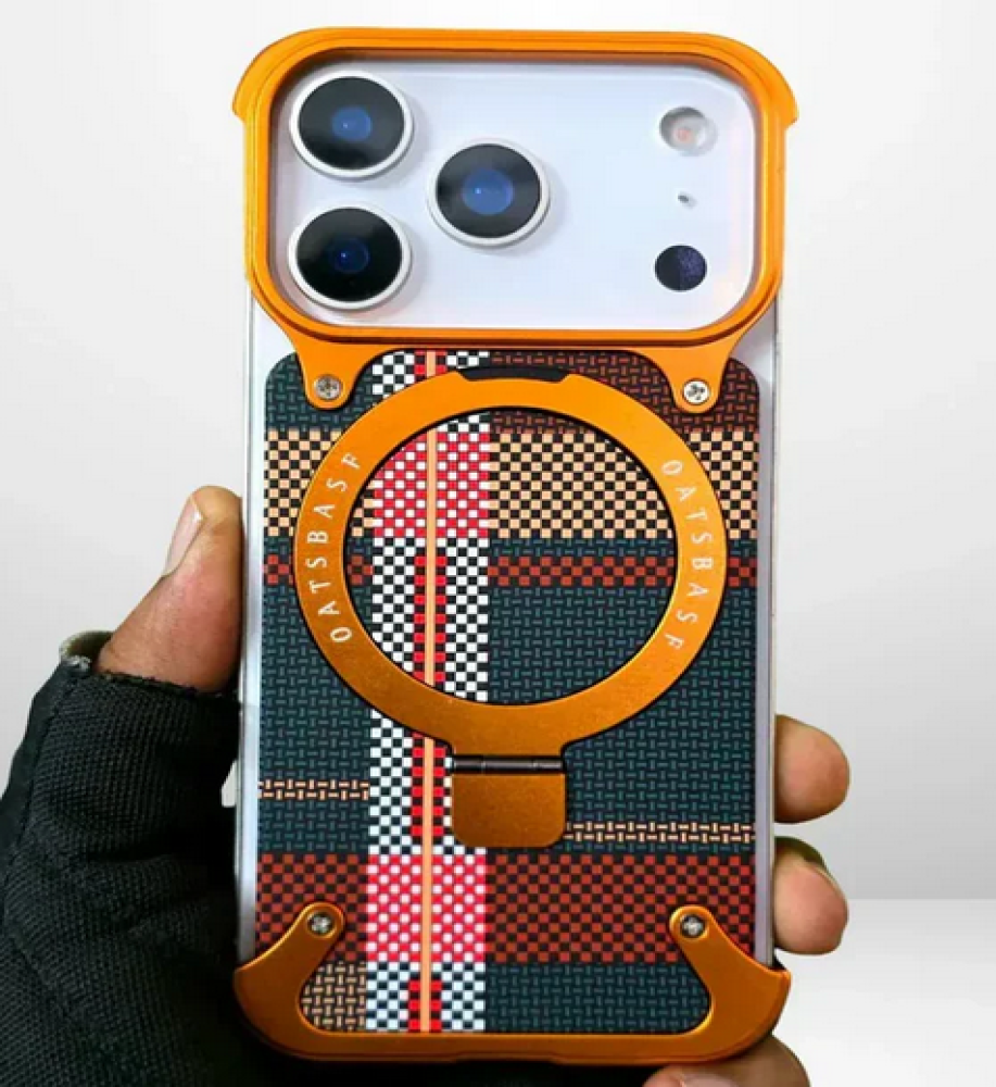  iPhone 18 Pro Max case with a frameless side design, featuring a metal ring that doubles as a holder and stand; elegant, minimalist style. 
