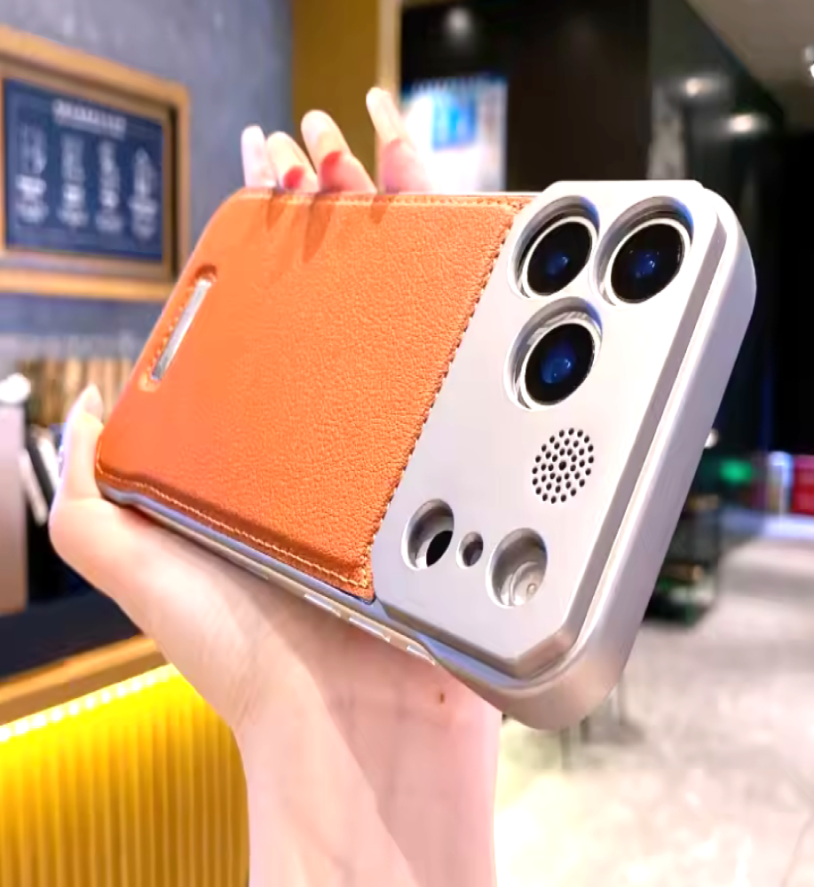  iPhone 18 Pro Max case with a leather-like texture and a lightweight metal frame. 